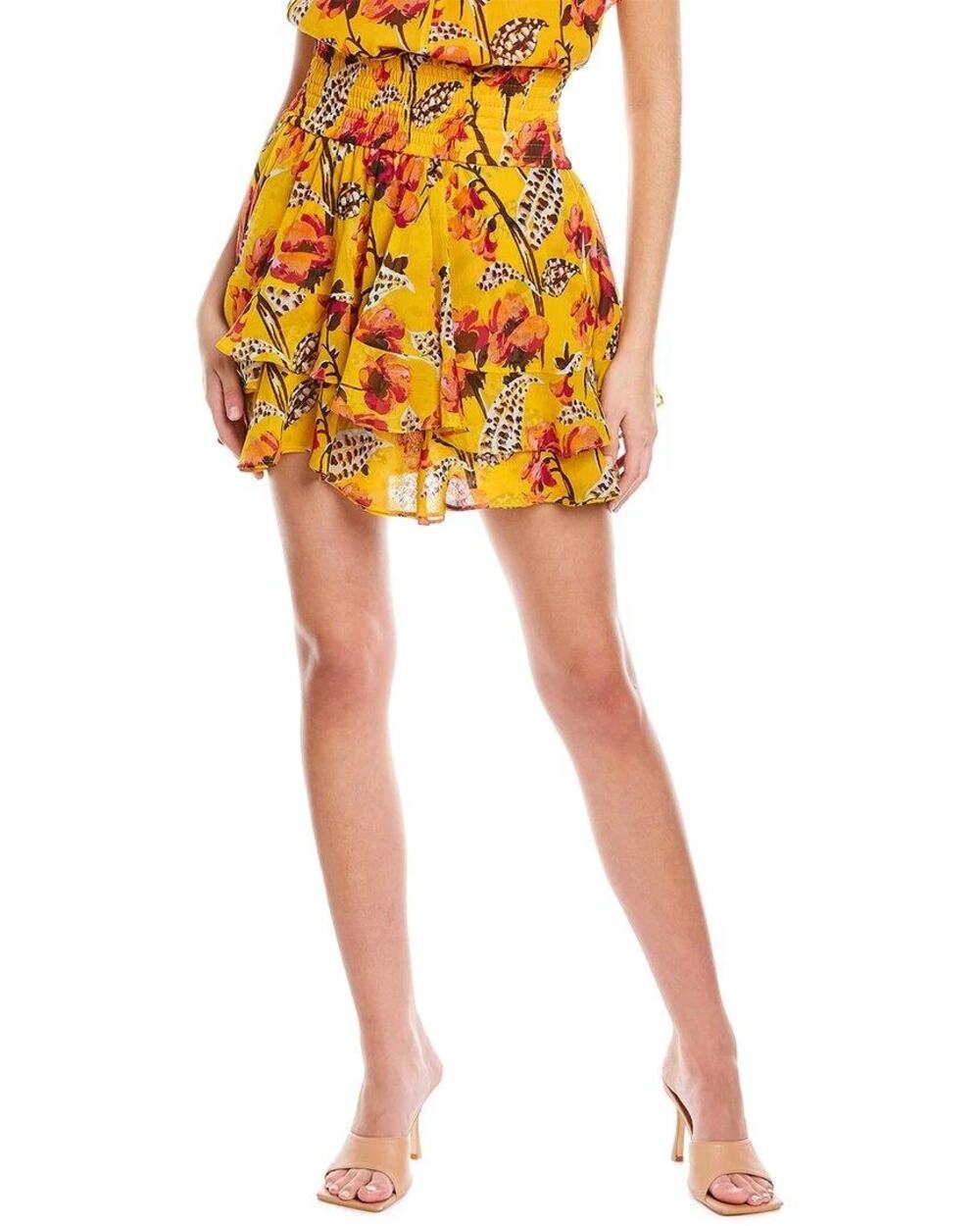 A.L.C. Vera Silk Floral Smocked High Rise Tiered Mini Skirt Yellow Womens 10 NWT